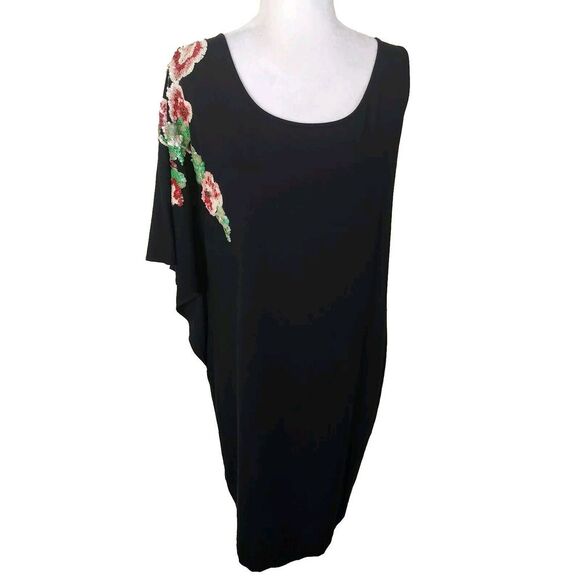 Cache Sequins Floral Applique Cocktail Formal Black Dress Size XL Assymetrical - Picture 1 of 10